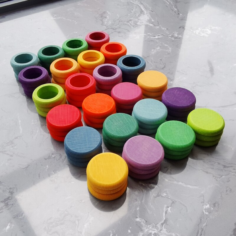 Juguetes de madera de 12 Colores para niños, monedas y anelli de arcoíris de haya, bloques apilables, piezas naturales s