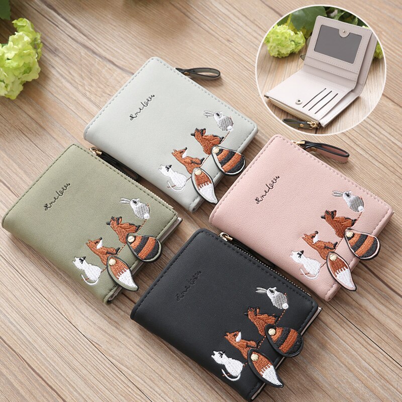 1pc damen-geldbörsen mit niedlichen Karikatur-tieren, kurze leder-geldbörse, kleines münzfach, reißverschluss, kartenhalter für mädchen