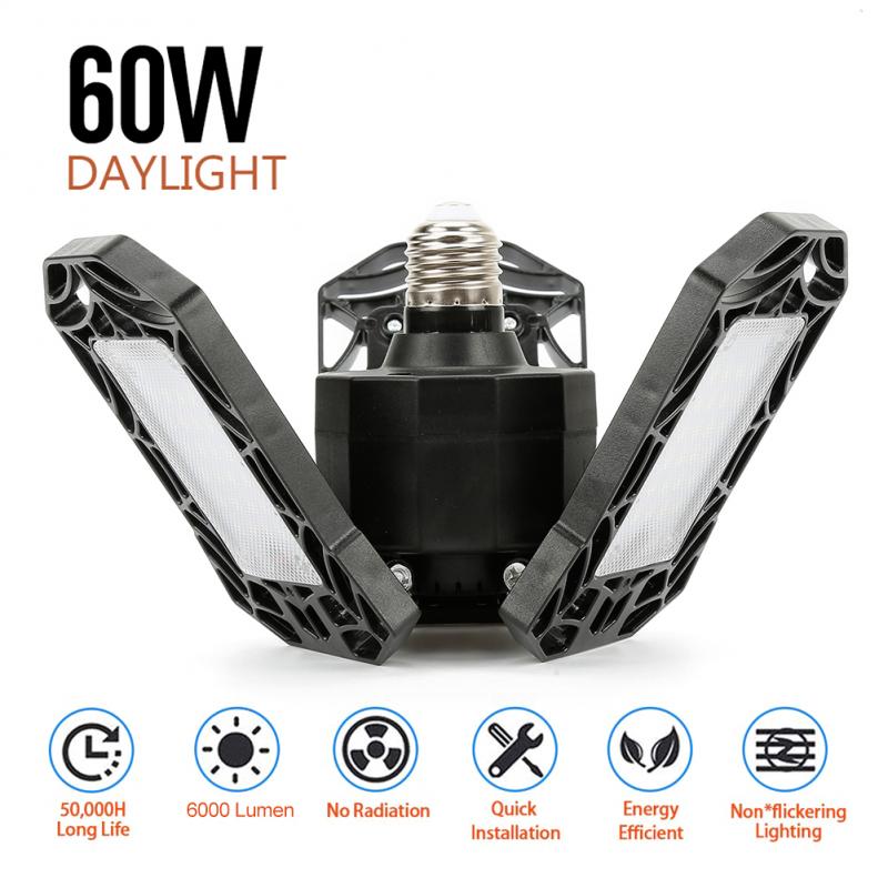 5 Style Deformable Ceiling Light For Home Warehouse Workshop 360 Degrees Three-Leaf Deformation LED Garage Light Folding Lamp: 60W black