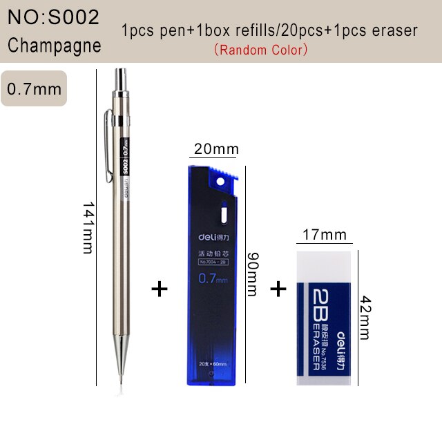 Deli Metal Mechanical Pencil 0.5 0.7mm Lead 2B Drawing Writing Activity Pencils For Artist School And Office Stationeries: S002-Champagne-0.7mm