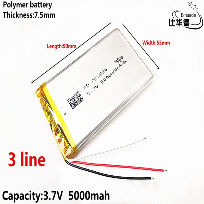 3 line Liter energy battery Good Qulity 3.7V,5000mAH 755590 Polymer lithium ion / Li-ion battery for tablet pc BANK,GPS,mp3,mp4