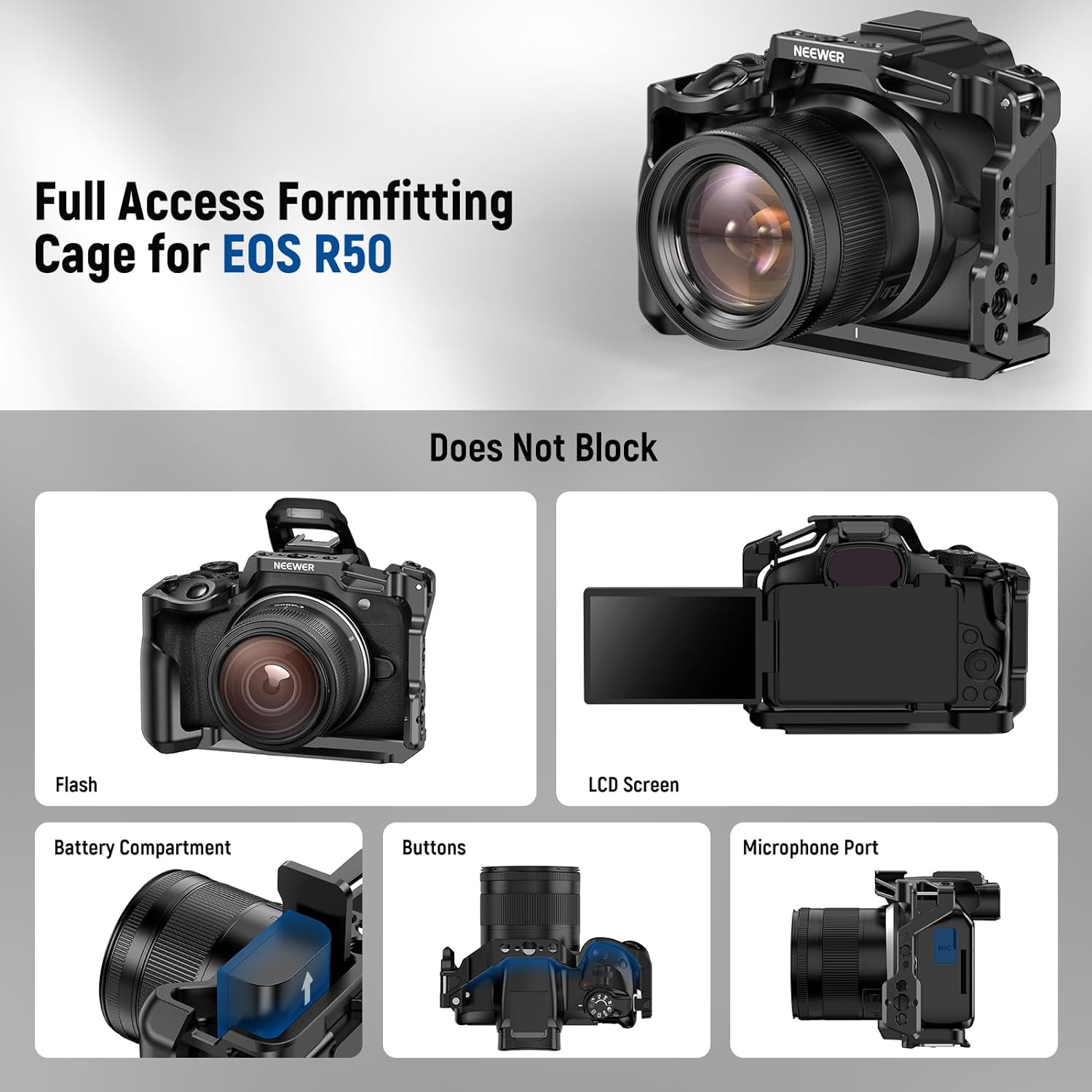 NEEWER R50 Camera Cage Compatible with Canon EOS R50 Aluminum Video Rig with NATO Rail 1/4" Threads 3/8" ARRI Holes Rig