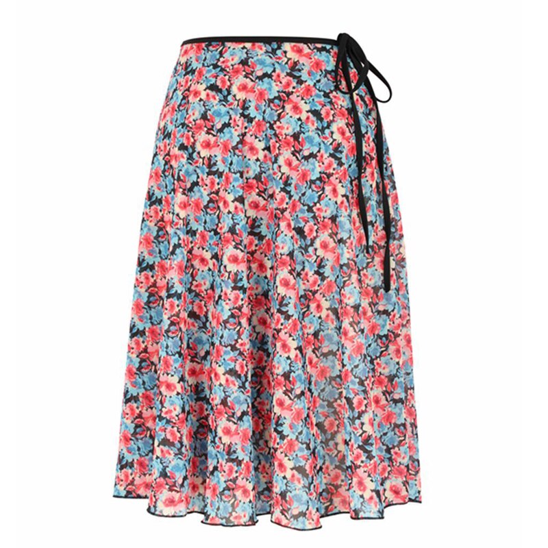 Middle Long Chiffon Watercolor Printed Ballet Skirt Dress Adult Women Lyrical Soft Lace Up Dance Practice Skirts: black