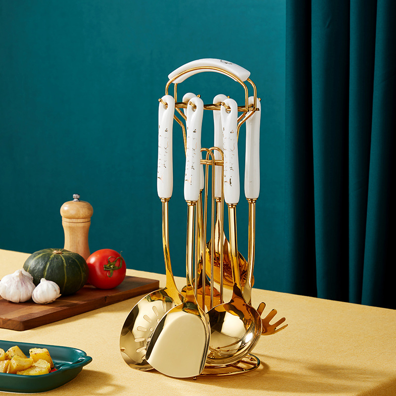 Dark green gold cooking pots set stainless steel cookware set non stick Spatula Shovel spoon kitchen utensils accessories set: White 7PC