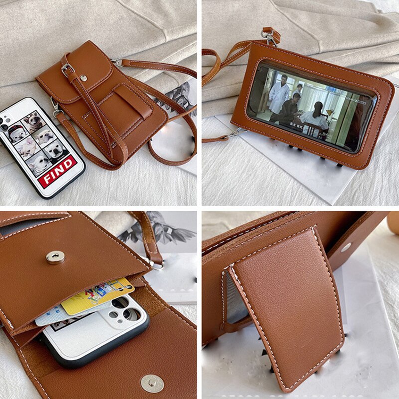 Tastbaar Telefoon Pocket Stand Vrouwen Schoudertassen Pu Lederen Dames Kleine Crossbody Tassen Vrouwelijke Clutch Transparante Vintage Portemonnee