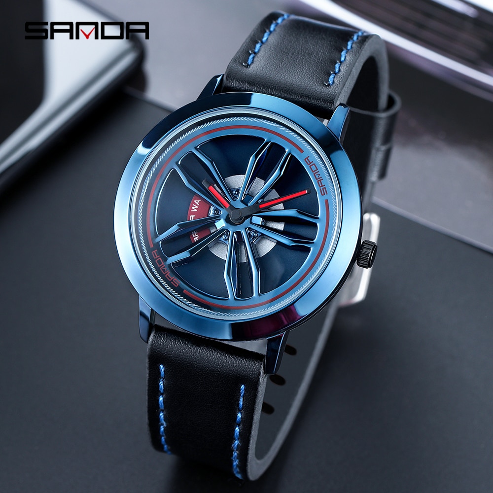 Draaibare wijzerplaat herenhorloges autovelg sport quartzhorloges waterdichte leren band horloges relogio masculino