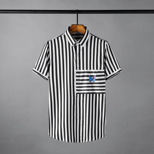 Minglu Tencel Männlichen Hemden Luxus Kurzarm Schmetterling Druck lässig Mens Kleid Hemden Sommer schlank passen Streifen Mann Hemden 4XL: Schwarz / 4XL
