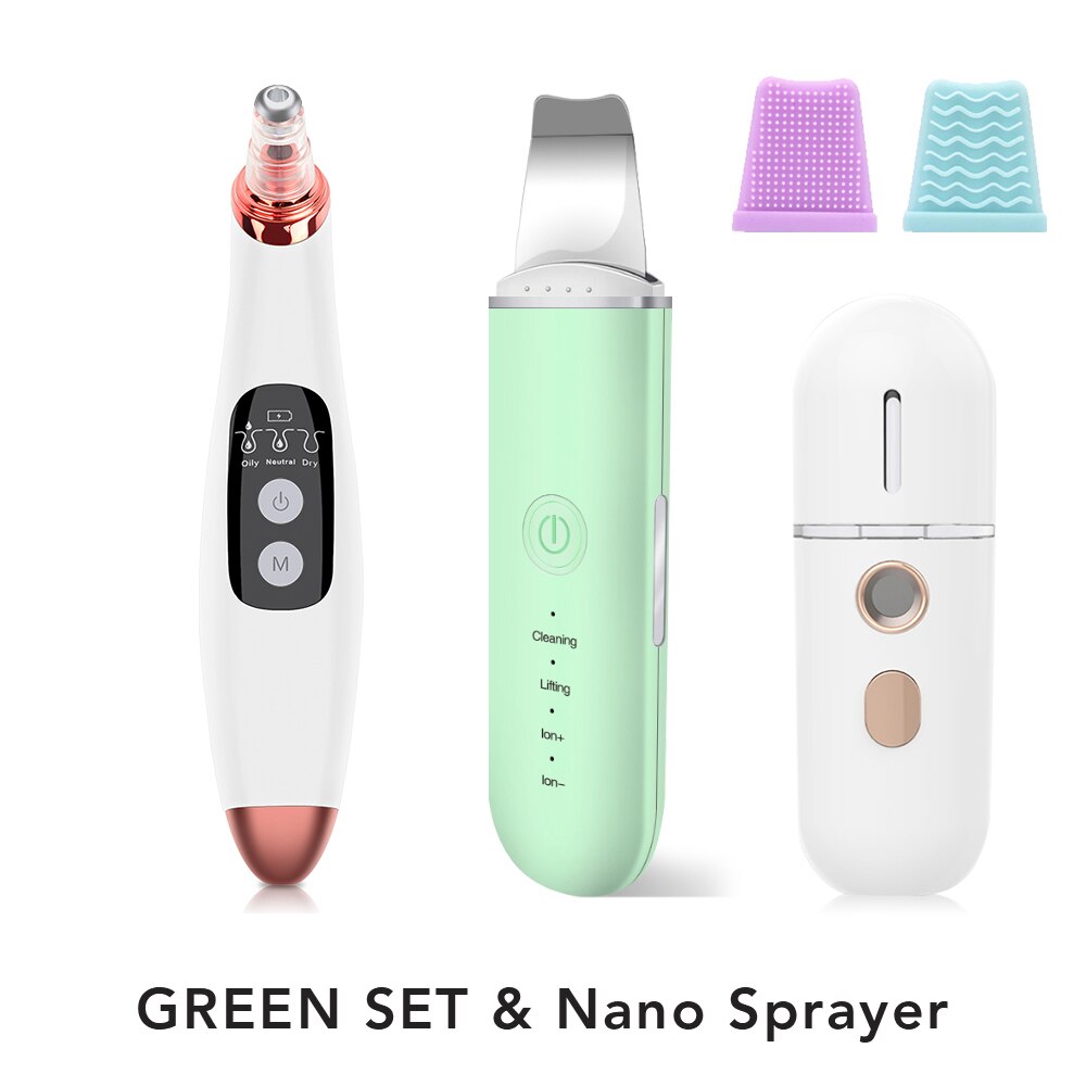 Comedondrukker Ultrasone Huid Scrubber Trillingen Gezicht Spatel Facial Scrubber Schop Schoon Cavitatie Peeling Facial Lifting: Green Set