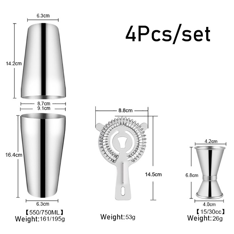 550ML Cocktail Mixer Martini Cocktail Shaker Boston Shaker Stainless Steel Bartender Wine Cup Bar Set with Wooden Rack Bar Tools: 550ML-4pcs