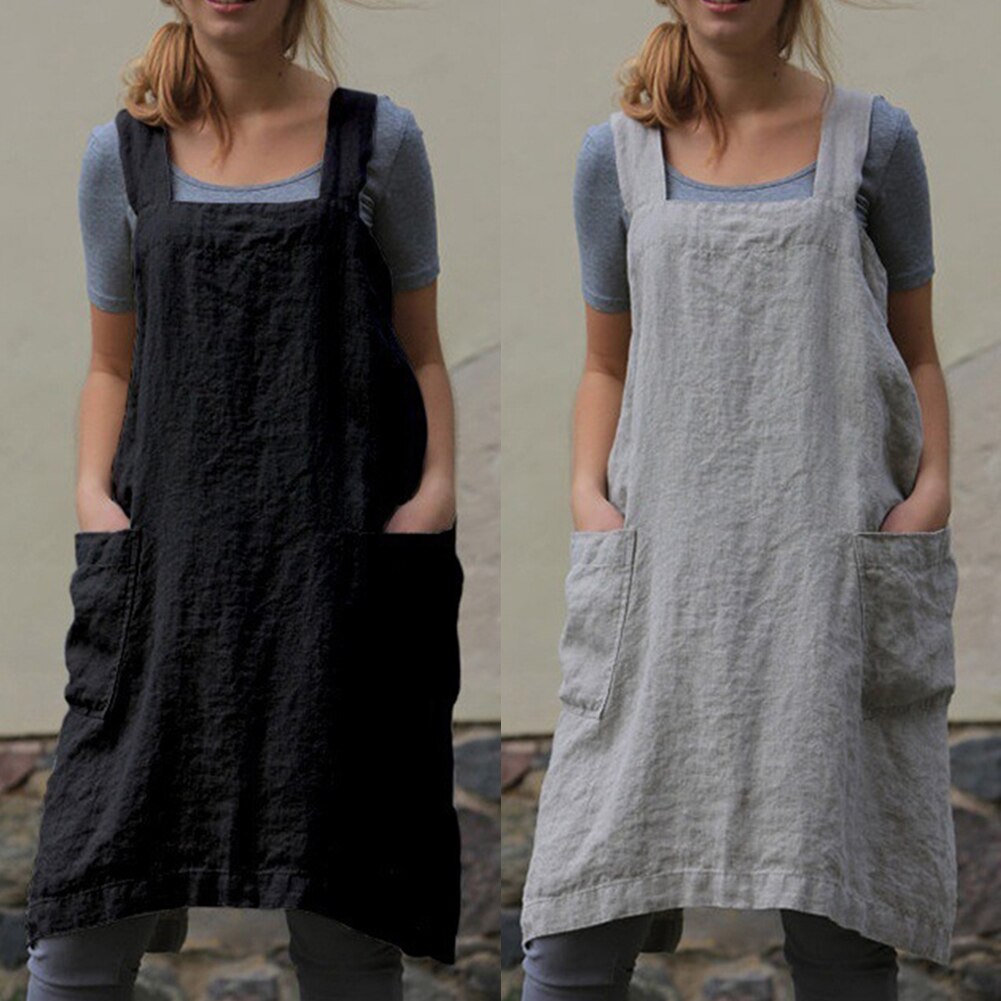 Women Bib Apron Kitchen Solid Florist Home Cooking Sleeveless Cotton Linen Cleaning Chef Household Baking Washable Pinafores