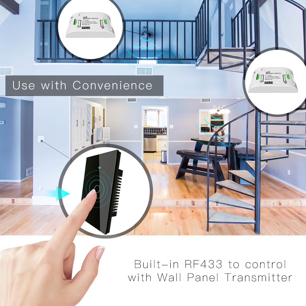 RF433 WiFi Smart Wall Touch Switch No Neutral Wire Needed Smart Single Wire Wall Switch Work with Alexa Google Home 170-250V