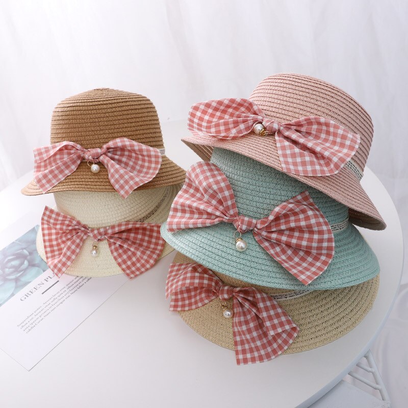 Zomer Kind Prinses Leuke Cartoon Stro Hoed Met Handtassen Tassen 2 Stuks Een Set Kids Meisje Baby Boog Plaid panama Zonnehoed