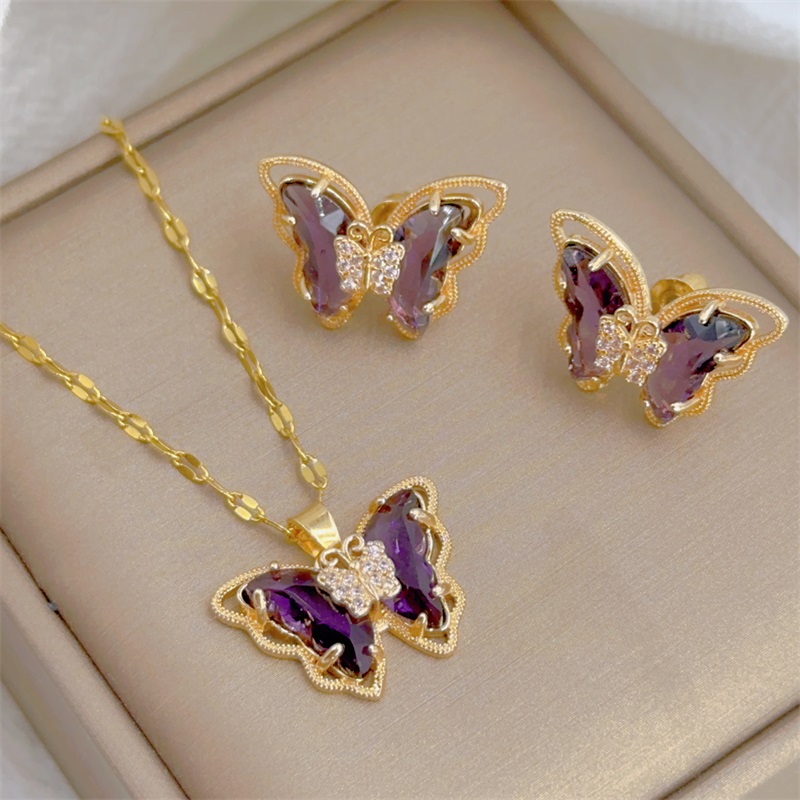 conjuntos de joyas collares para mujer conjunto de joyeria para mujer Collar de pendientes de mariposa, joyería exquisita de , collar clásico Retro, cristal transparente, cadena de clavícula de acero inoxidable: Color oro puro