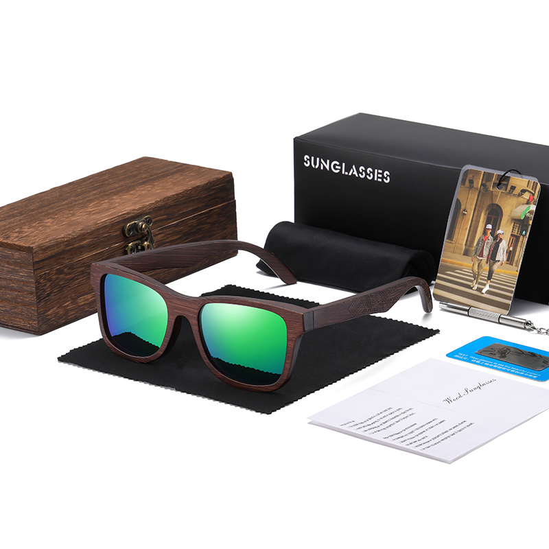 GM Sonnenbrille aus natürlichem Bambusholz, handgefertigt, polarisierte Brille, Spiegelbeschichtung, Gläser, Brillen mit Geschenkbox: Gold