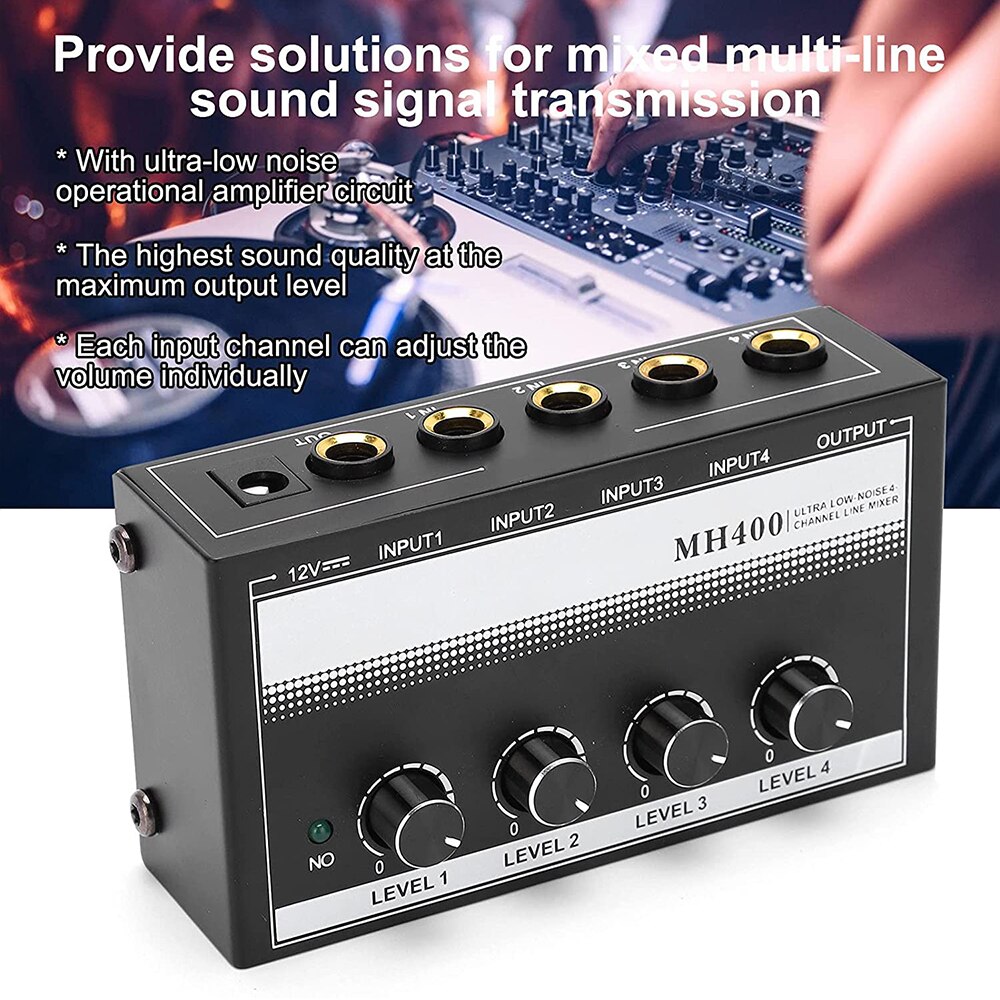 4 Channel Line Mixer Mini Audio Mixer Ultra Low Noise Mixer for Small Club Bar As Microphones Guitars Bass MH400 US EU Plug 110V