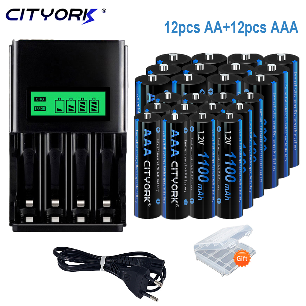 CITYORK 1,2 V AA + AAA baterías recargables AA 3000mAh AAA 1100mAh aa 2A batería aaa nimh y LCD 1,2 V AA AAA cargador: Blanco
