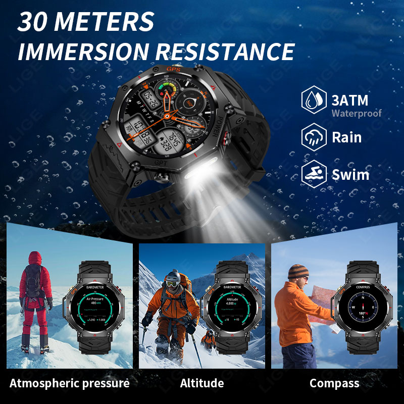 LIGE 2025 Nuova posizione GPS Smartwatch per uomo 530mAh Bluetooth chiamata bussola torcia a LED 3ATM Smartwatch militare impermeabile