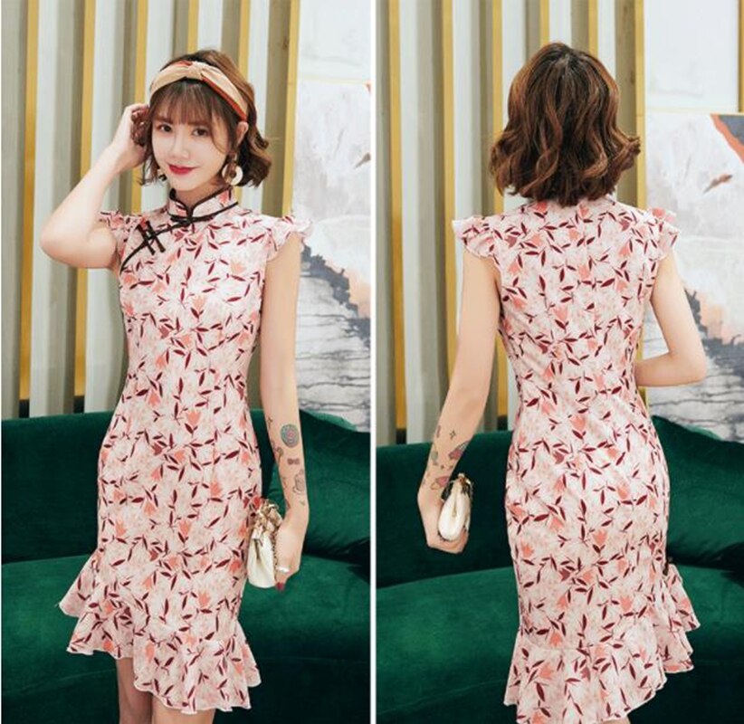 Linda chica cheongsam de gasa corto de cola de pescado de cheongsam falda chica joven slim estilo chino de diario boda Qipao