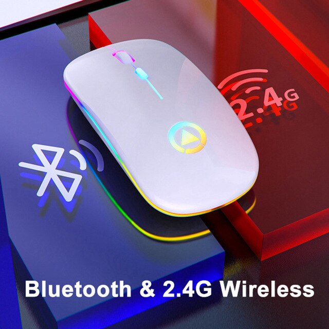 Wireless Mouse RGB Rechargeable Mouse Wireless Computer Mute Mouse LED Backlit Gaming Office Mouse Laptop Accessories: Bluetooth White