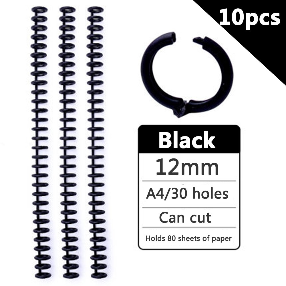 Anillo de encuadernación de plástico de hojas sueltas, anillos en espiral de resorte para 30 agujeros, A4, A5, A6, papel, cuaderno, papelería, suministros de oficina, 10 piezas, 30 agujeros: black 10pcs