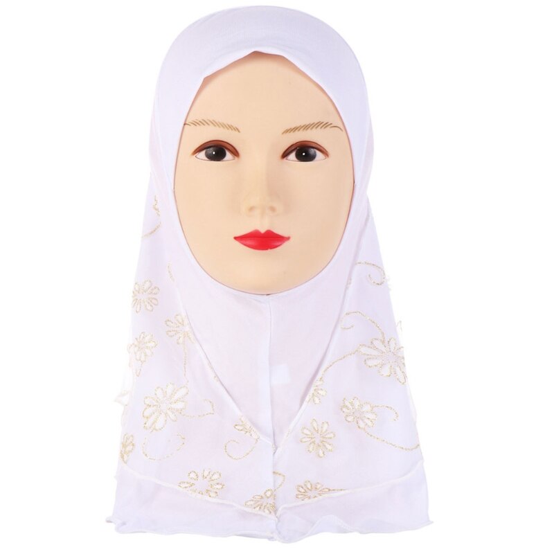 Children Kids Muslim Small Girl Hijab With Lace Flower Pattern Islamic Scarf Shawls Stretch 56cm 7-11 Years Old