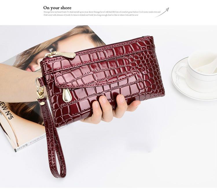 Couro de patente carteiras femininas fallow longo senhoras duplo zíper carteira bolsa de embreagem design vermelho bolsas de crocodilo: Red