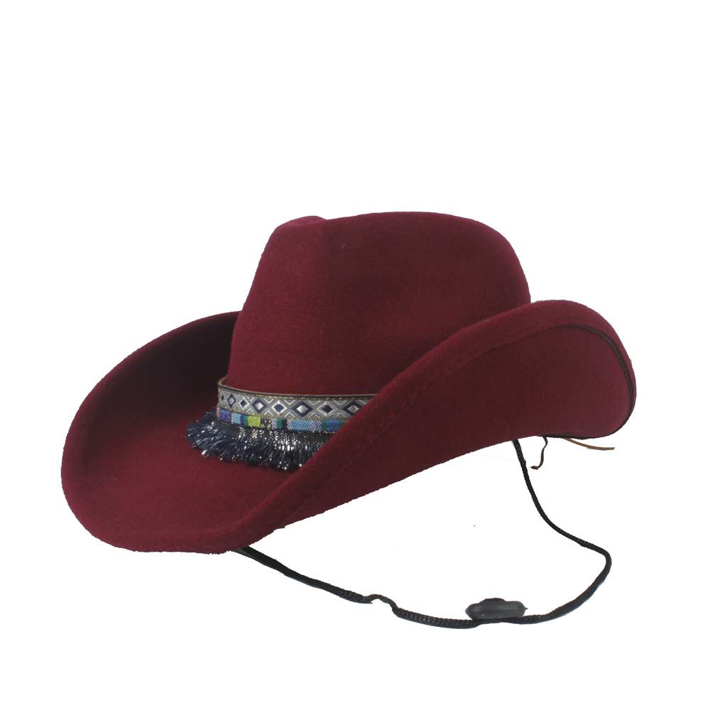 Kvinder uld hule vestlige cowboy hat bred skygge dame kvast outblack fedora sombrero hombre jazz cap: Rødvin
