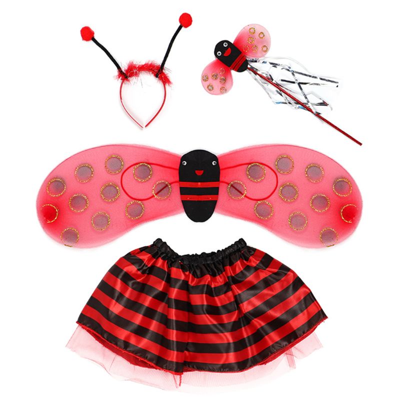 4Pcs/Set Kid Fairy Costume Set Ladybird Bee Glitter Cute Wing Striped Layered Tutu Skirt Wand Headband Up Halloween Outfit: Red Ladybird