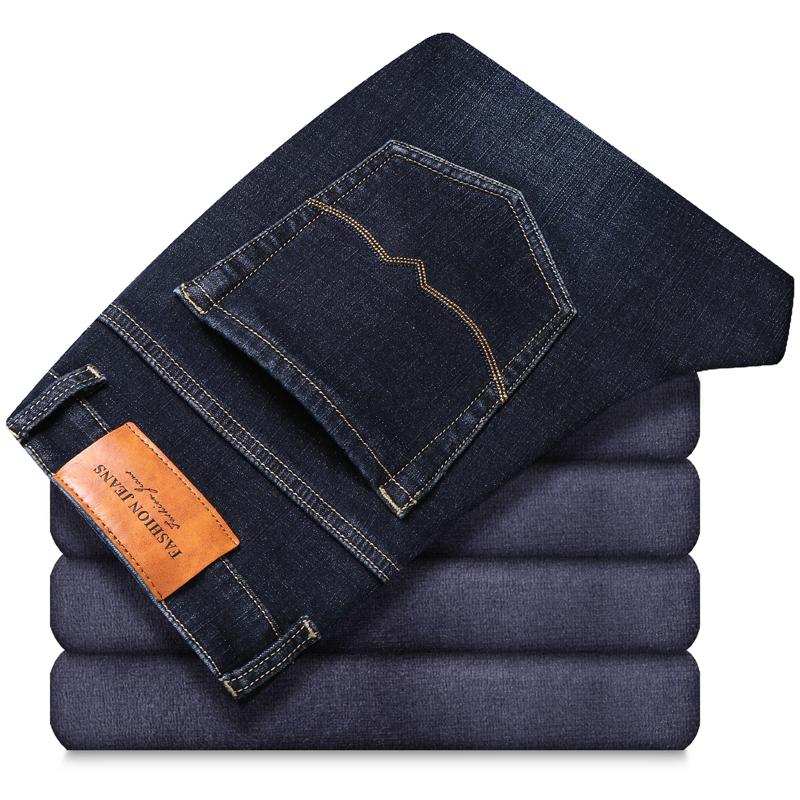Heren fluwelen business jeans broek met vlokken, warme zachte herenbroek, geschikt voor  -10 graden celsius winter warme dikke fleece jeans: Blauwzwart / 32
