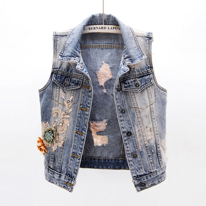 Gilet en jean sans manches pour femmes, décontracté, à la coréenne, avec perles et paillettes, modèle , JC229