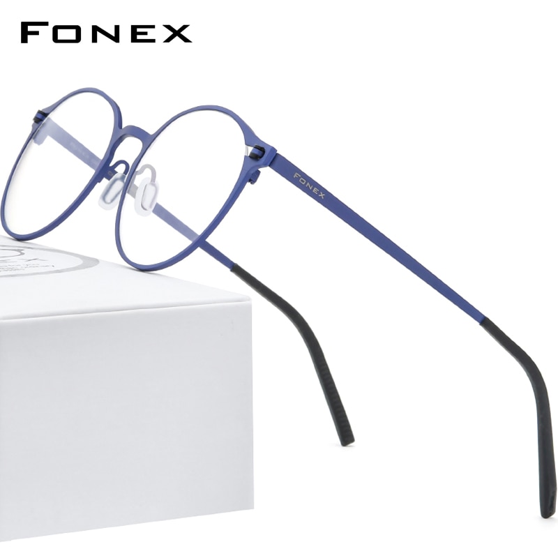 FONEX Pure Titanium Glasses Frame Women Retro Round Prescription Eyeglasses Men Antiskid Optical Screwless Eyewear 8530: Blue
