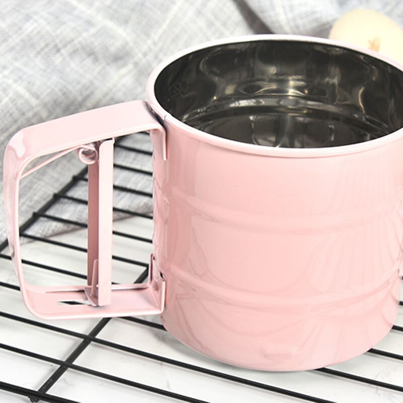 Tamiz de harina de acero inoxidable, cuchillo de malla semiautomático, agitador de azúcar en polvo, utensilios para hornear, herramienta de pastelería para hornear, Gadget de cocina: Pink