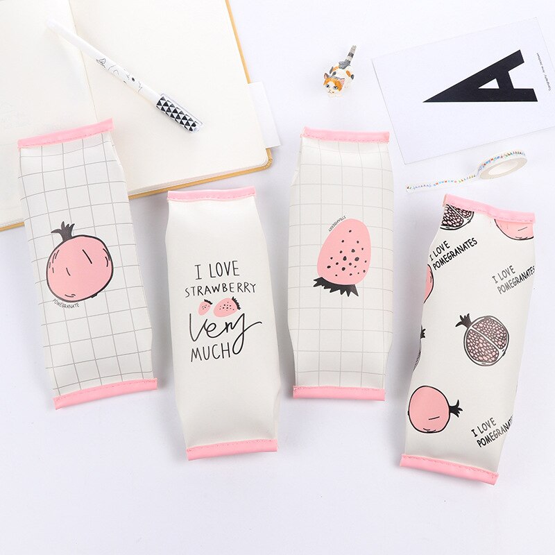 Estuche escolar de Granada y fresa para lápices, bolsa bonita de cuero Pu para bolígrafos, papelería Kawaii, suministros escolares de oficina, Zakka