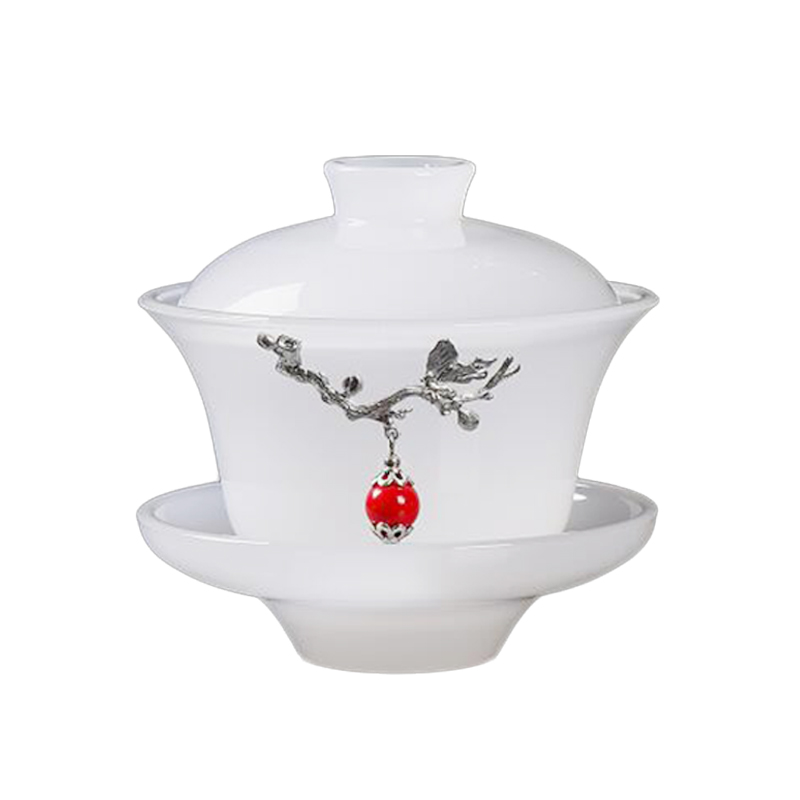 Thee Kom Schotel Deksel Kit 150ml Jade Porselein Gaiwan Zilver Decor