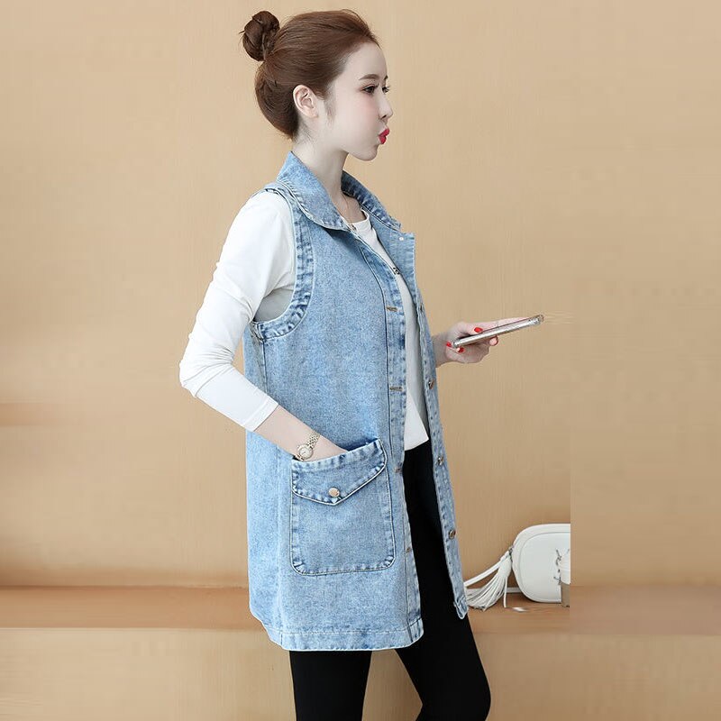 Chaqueta vaquera sin mangas para mujer, chaleco vaquero holgado de longitud media con botones, color azul claro, coreana, talla grande, informal