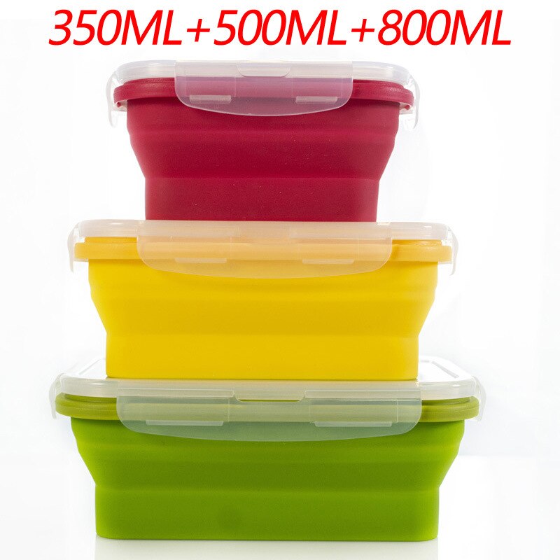 Collapsible Silicone Food Container Portable Bento Lunch Box Microware Home Kitchen Outdoor Food Storage Containers Box: Silver