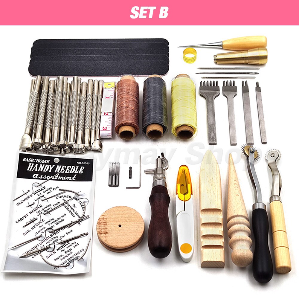 Pine Wood Leathercraft Hand Stitching Clamp Leathercraft Tool Set Kits Leather Punching Carving Saddle Groover Tools Storage DIY: SET B