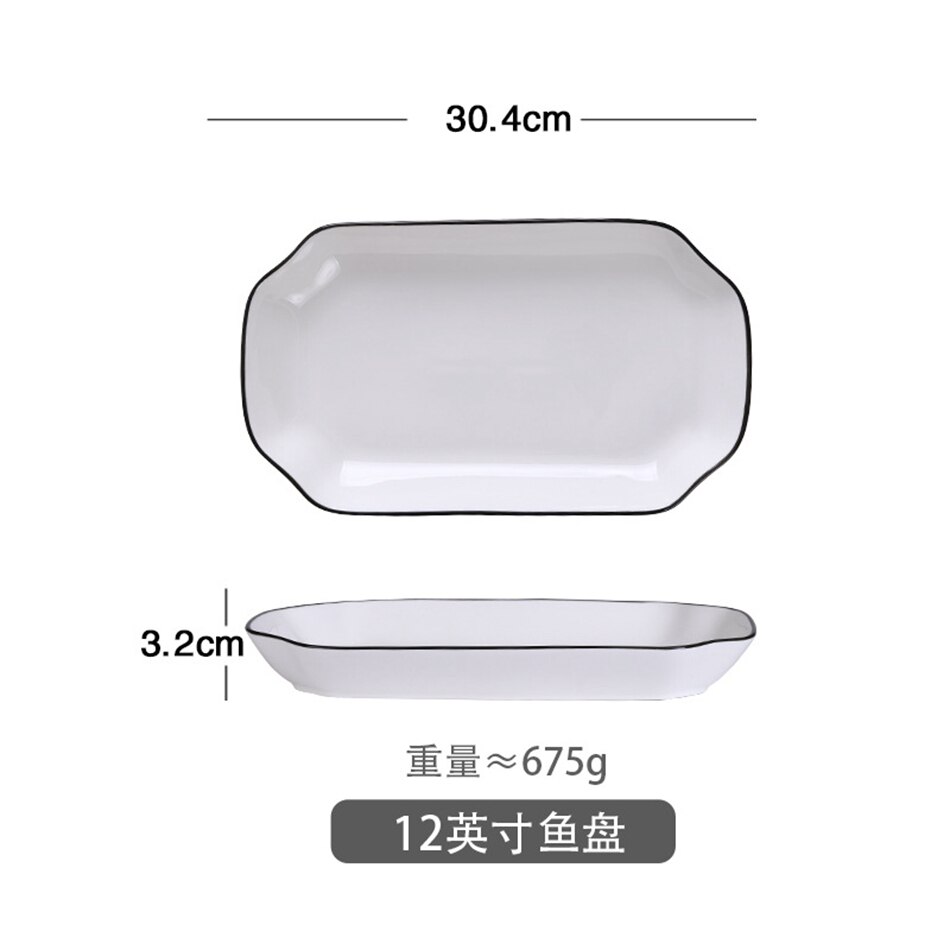 Europese stijl keramische serviesset borden eenvoudig zwarte rand zwarte lijn servies kommen en schalen restaurant diner: 12 inch visbord