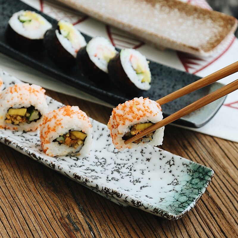 Japanese Style Ceramic Leaf Shape Sushi Plate Rectangular Fruit Dish Porcelain Snack Dessert Plate Retro Tableware