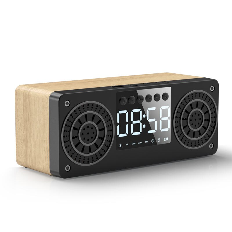 Bluetooth Clock Column Portable Wireless Speakers Bass Stereo Subwoofer With Handsfree USB TF Card AUX MP3 Player Alarm Clock: Yellow Wood Grain