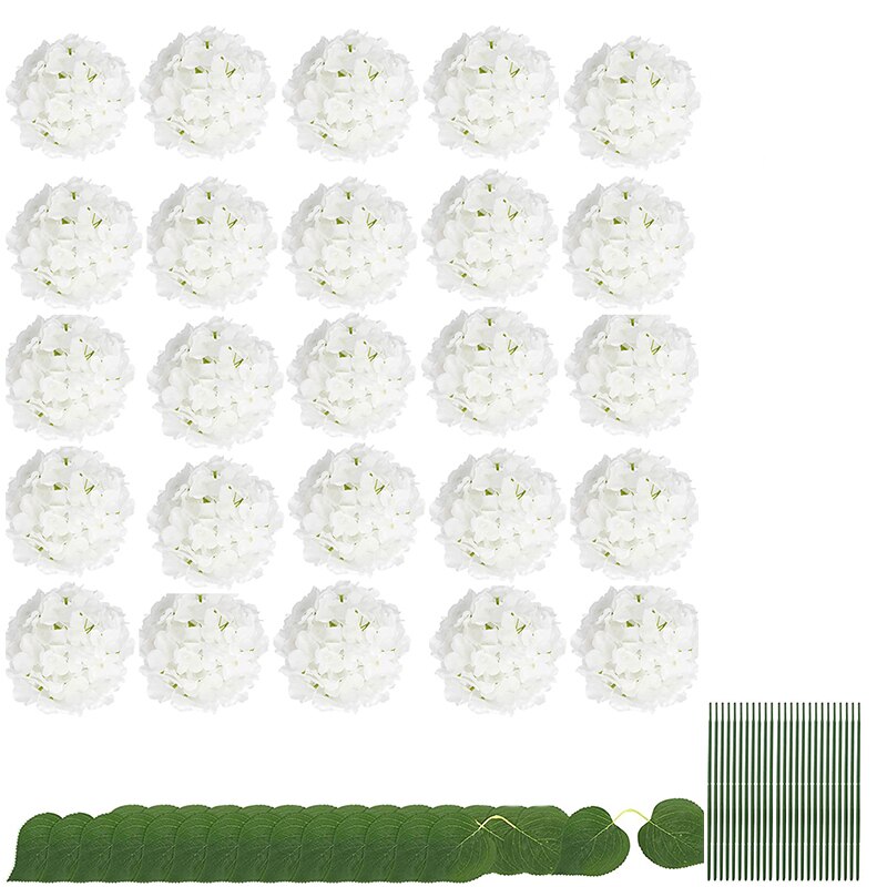 Silke hortensia kunstige blomster hortensia hoveder brude bryllup buket med stilke hjem bryllupsfest dekorationer: Hvid med blade