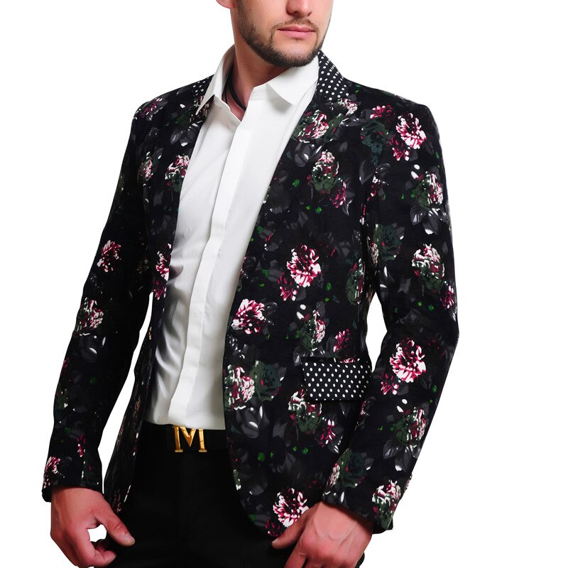 PLYHUNY Mens Floral Blazer 100% Cotton Flower Print Blazers For Men Large Size Slim Fit Blazer Men Costume Homme Men Blazer: Black / Asian Size 4XL