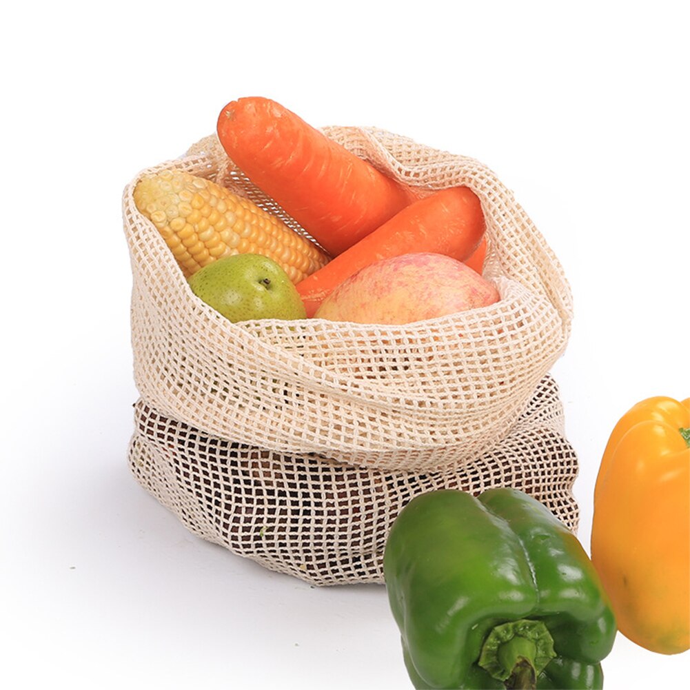 5 stuks afvalvrije boodschappentassen van biologisch katoen met trekkoord, wasbaar, herbruikbaar, voor grote hoeveelheden, 43 x 30cm mesh