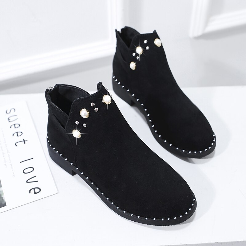 Winter Stiefeletten Für Frauen Schuhe Perle Stiefel Schwarz botas mujer chaussures femme Punk flache Stiefel Korn damen stiefel 7642: Schwarz / 5,5