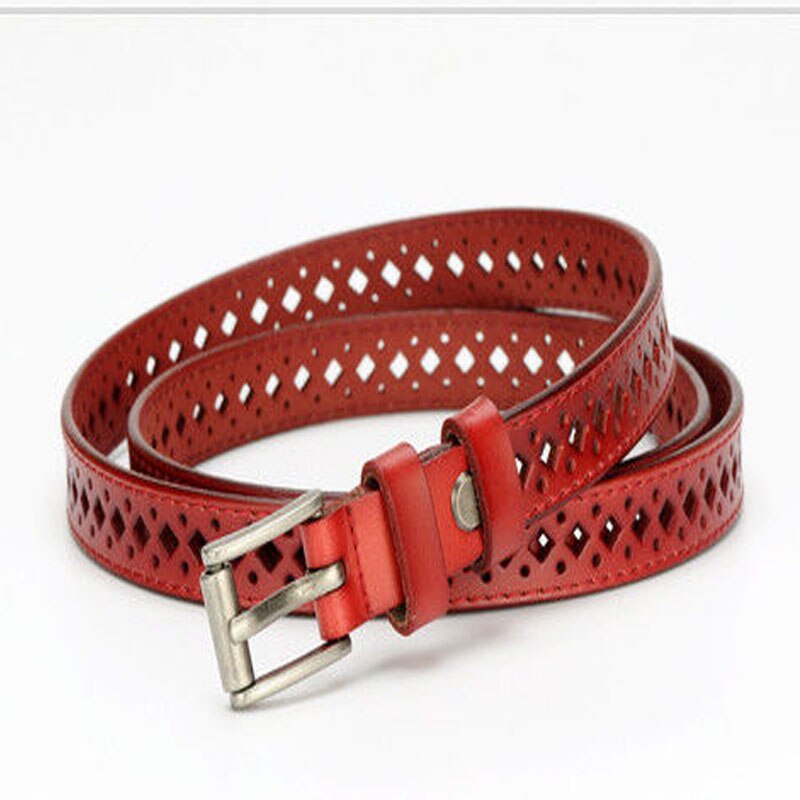 Ladies belt Korean leather simple and versatile casual hollow thin belt female student jeans belt: Red / 115CM