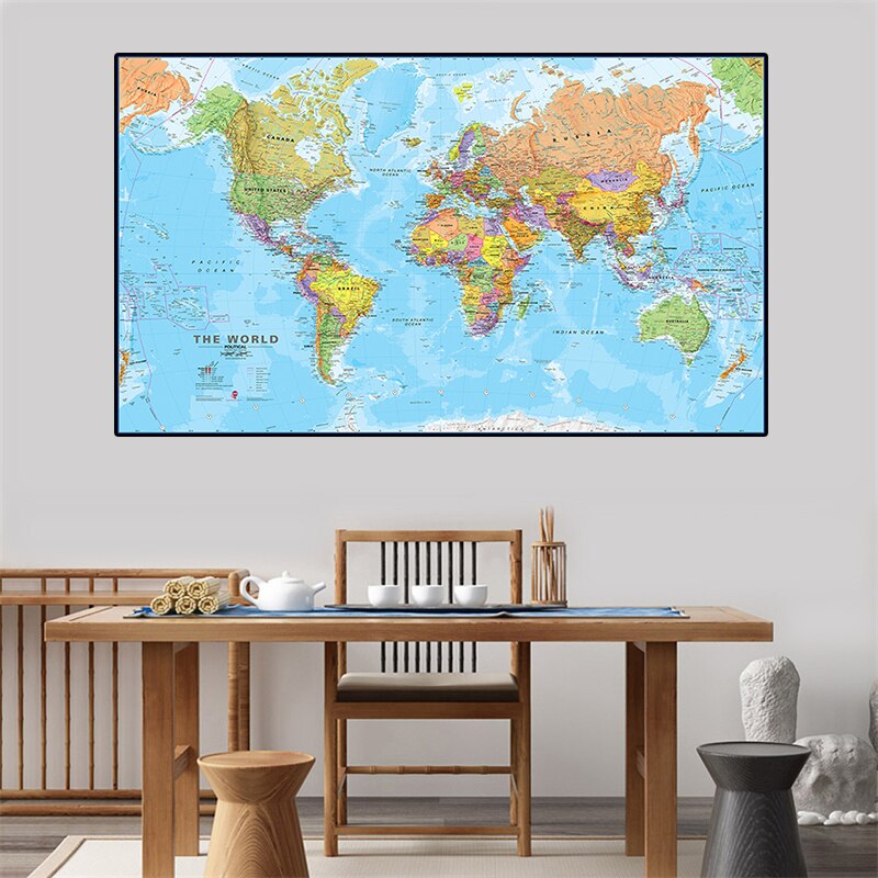 150*100 cm The World Political Map Wall Art Poster Non-Woven Canvas Painting School Supplies Living Room Home Decoration