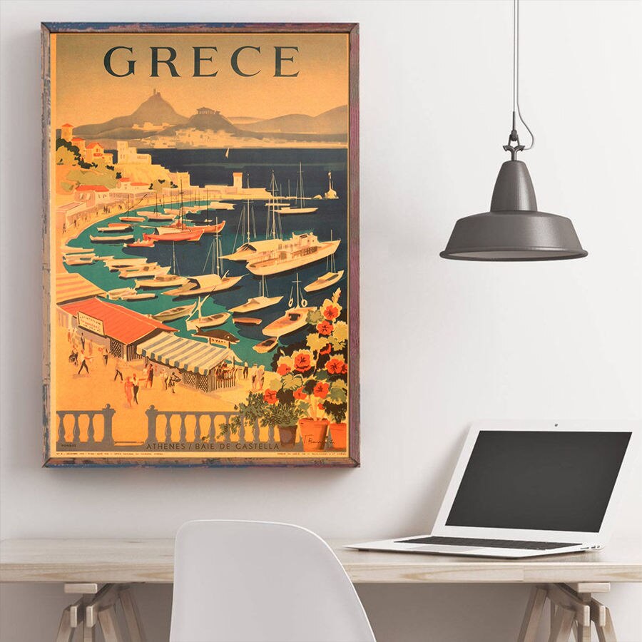 Kreikka kaupunki matkajuliste seinätaide tarra vintage voimapaperi kahvila pubibaari hotellin sisustus käsinmaalattu maisemakuva 42 x 30cm