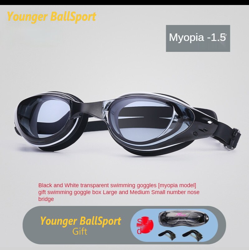 Lunettes de natation professionnelles pour myopie, avec bouchons d&#39;oreille, pince-nez, galvanoplastie, Silicone étanche: Myopia black  -2.5