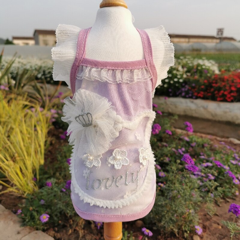 Mooie Puppy Hond Kant Geborduurde Sling Rokken Vest Mode Paars Hand-Made Honden Kleding Lente Hond Jurk Outfit chihuahua