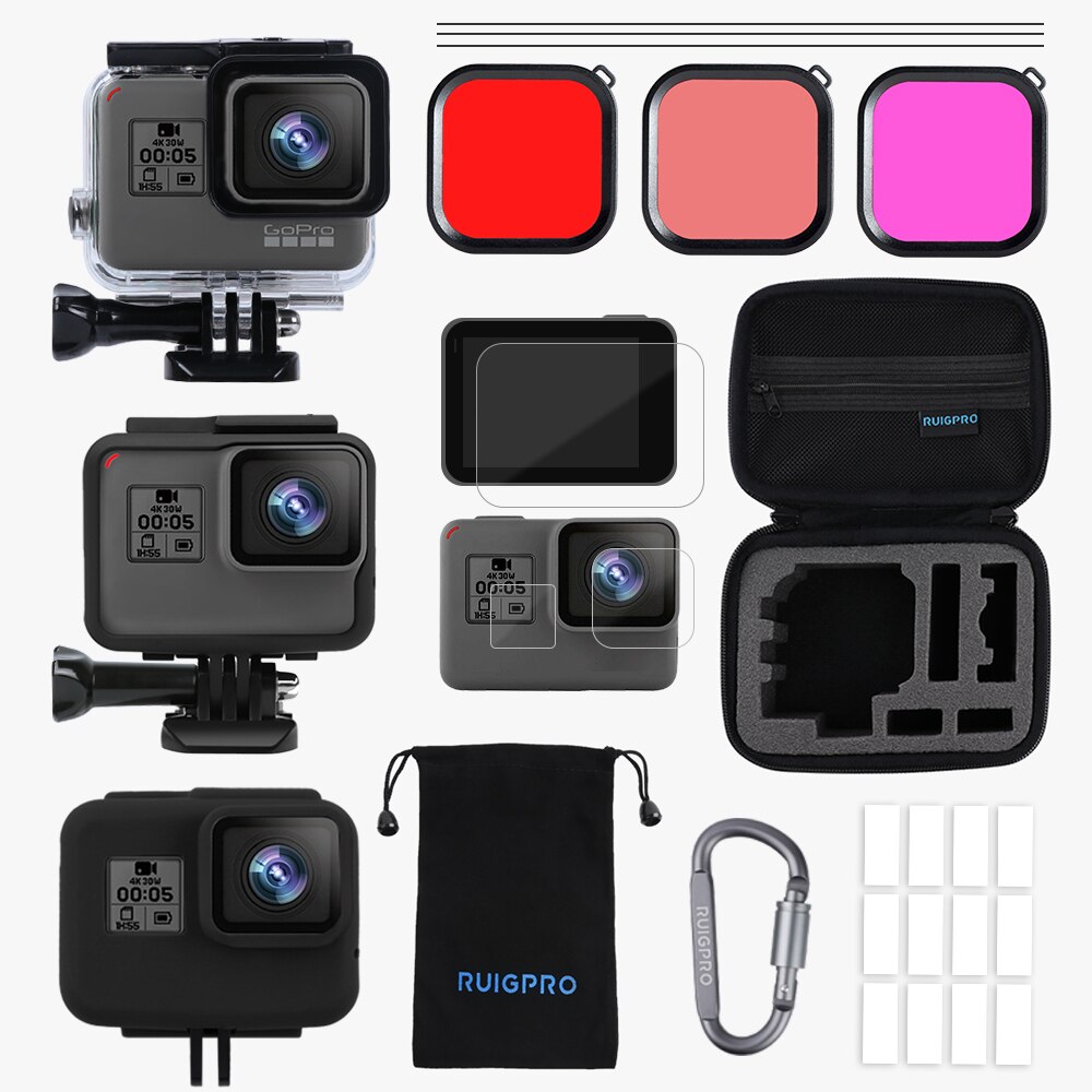 Para gopro acessórios conjunto go pro hero 7 6 5 kit caso eva filme temperado habitação à prova dwaterproof água filtro vermelho quadro silicone protetor: Full set